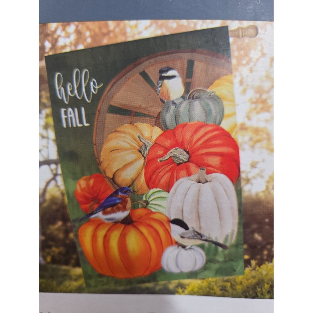 NEW Hello Fall House Flag By Style Selections 28โ x 44โ Autumn Pumpkins Birds
